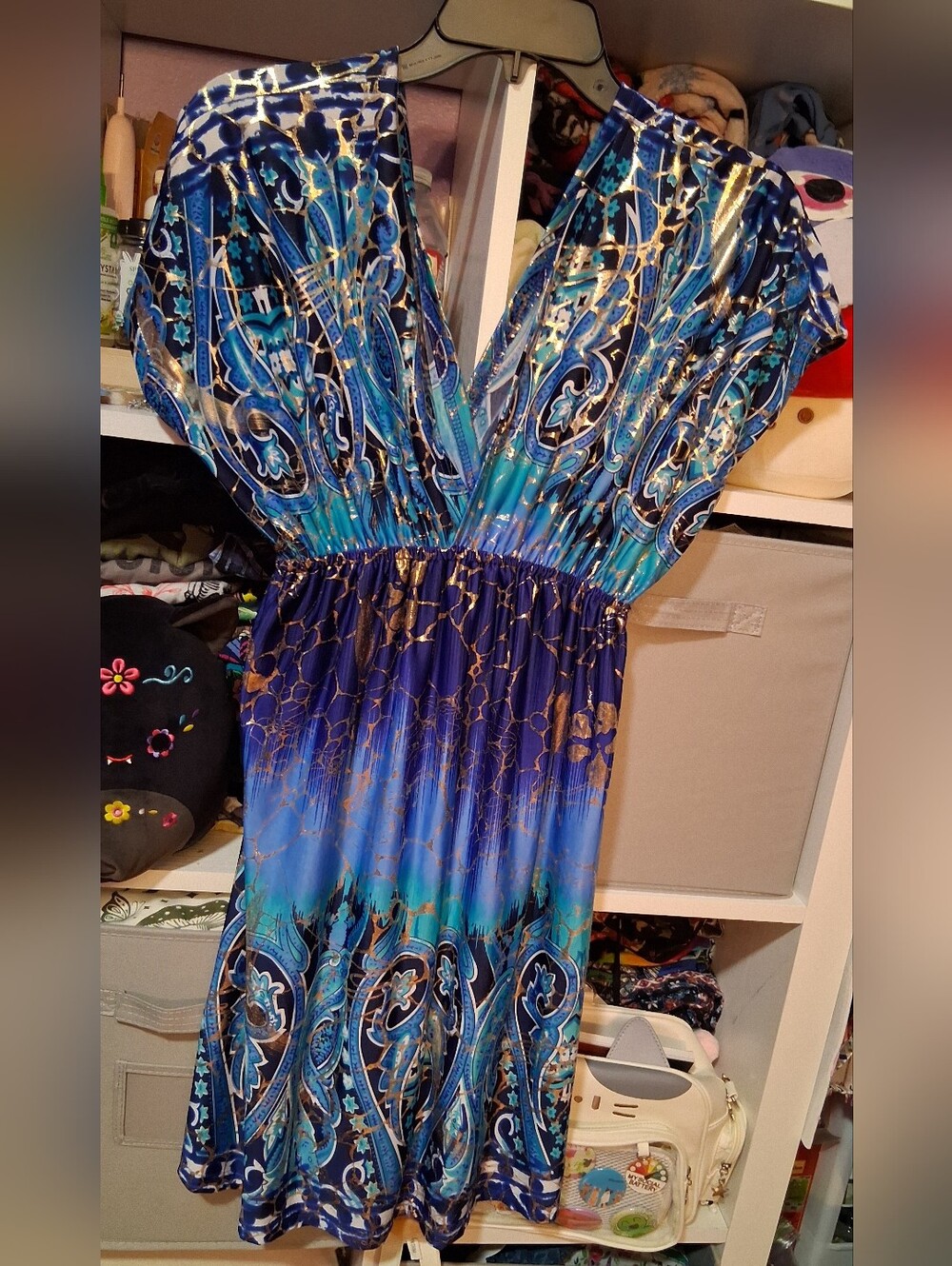 Shoreline Blue Teal and Gold Paisley V-Neck Maxi Dress